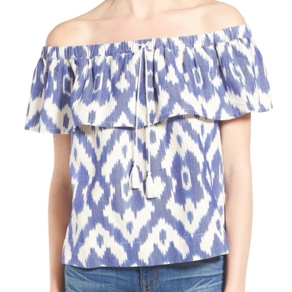 Madewell Off Shoulder Top Blue White Ikat Cotton Coastal Western Boho Size XS